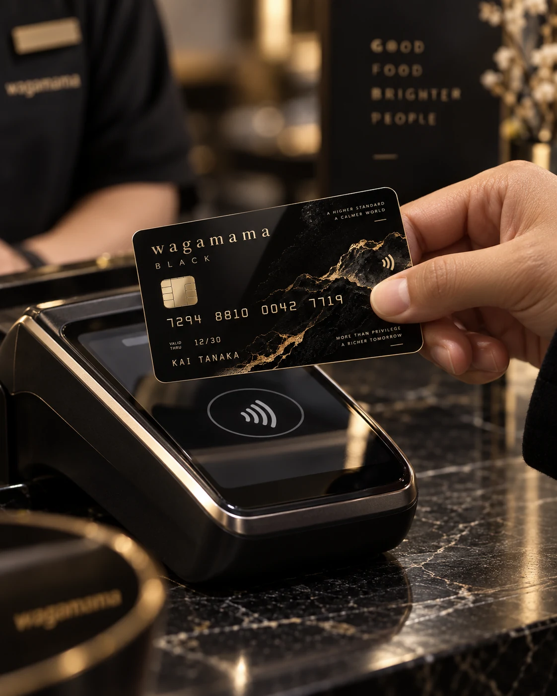 wagamama BLACK カードを非接触決済端末へかざす手元