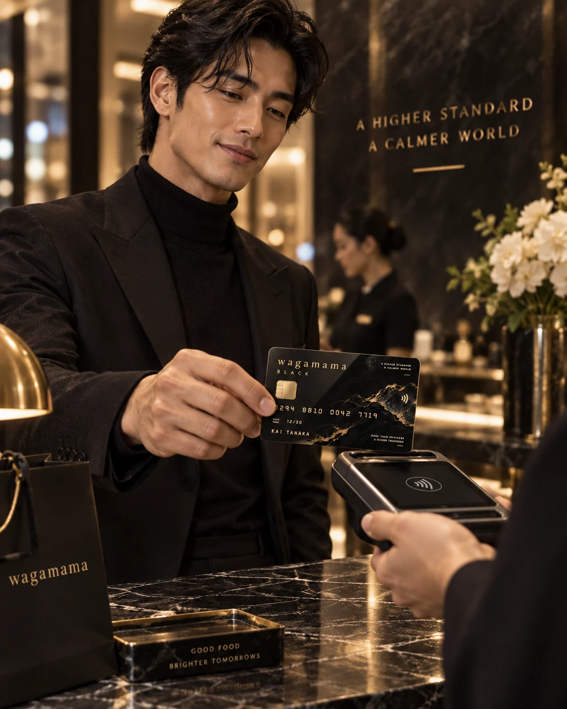 上質な店内で wagamama BLACK カードを使う人物